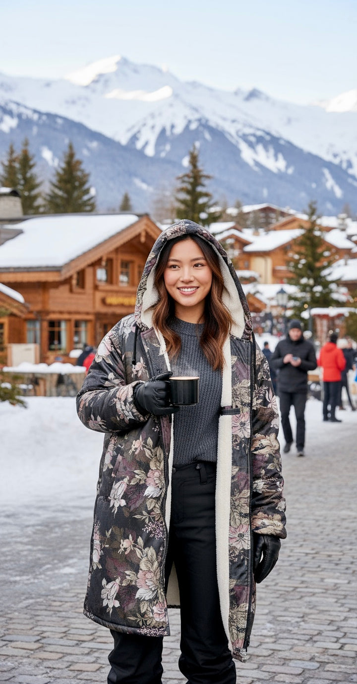 Floral Cuddle Coat | Beige, Brown, Cream | Unisex Minky Sherpa Lined Coat with Hood, Zipper and Pockets | Women and Mens Festival Coat | Mountain Fashion