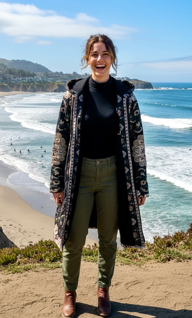 Classic Black Persian Carpet Cuddle Coat | Unisex Minky Sherpa Lined Coat with Hood, Zipper and Pockets | Women and Mens Festival Coat | Mountain Fashion