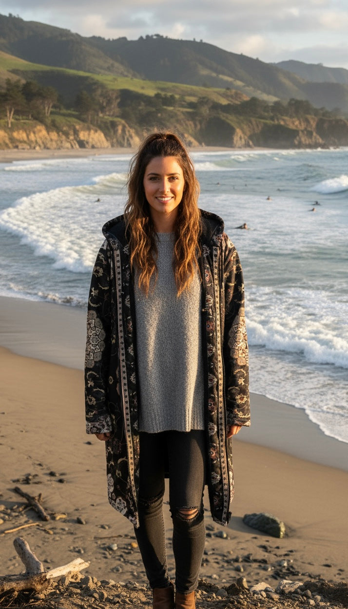 Classic Black Persian Carpet Cuddle Coat | Unisex Minky Sherpa Lined Coat with Hood, Zipper and Pockets | Women and Mens Festival Coat | Mountain Fashion