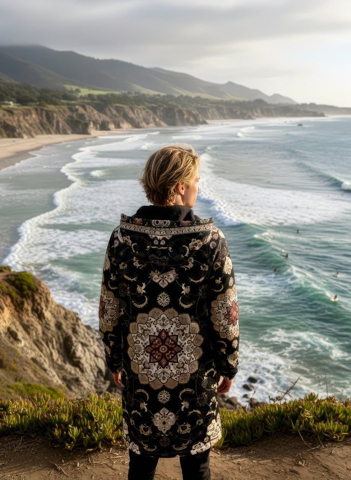 Classic Black Persian Carpet Cuddle Coat | Unisex Minky Sherpa Lined Coat with Hood, Zipper and Pockets | Women and Mens Festival Coat | Mountain Fashion