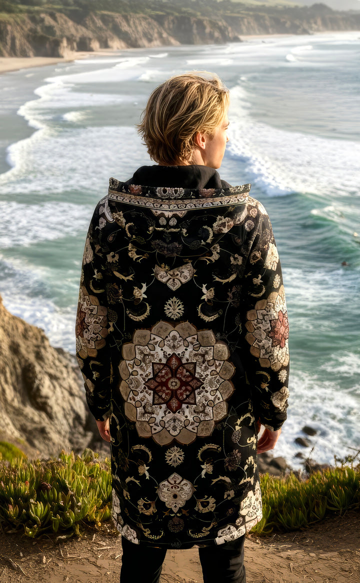 Classic Black Persian Carpet Cuddle Coat | Unisex Minky Sherpa Lined Coat with Hood, Zipper and Pockets | Women and Mens Festival Coat | Mountain Fashion