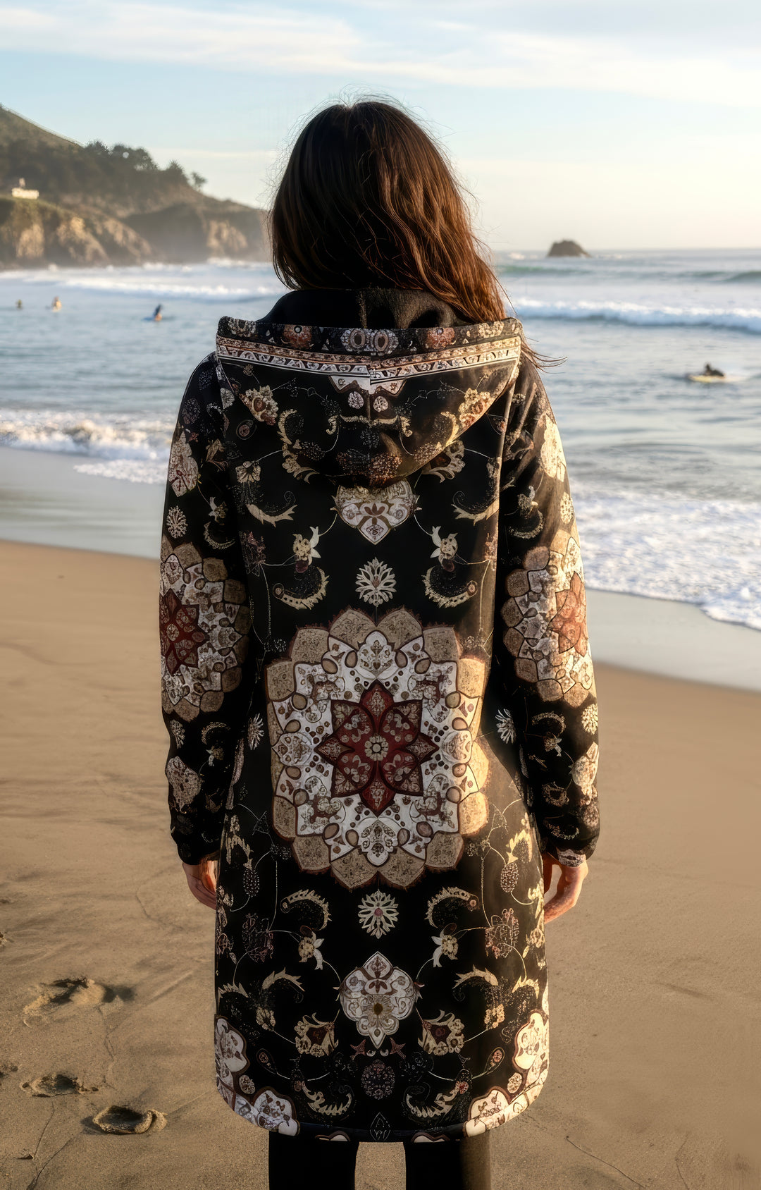 Classic Black Persian Carpet Cuddle Coat | Unisex Minky Sherpa Lined Coat with Hood, Zipper and Pockets | Women and Mens Festival Coat | Mountain Fashion