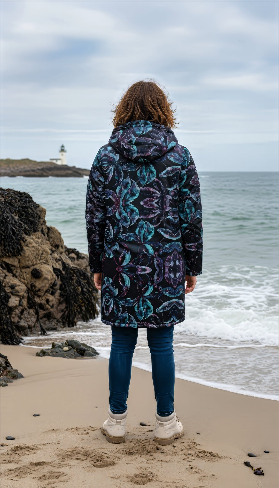 Dark Tropics Cuddle Coat | Unisex Minky Sherpa Lined Coat with Hood, Zipper and Pockets | Women and Mens Festival Coat | Mountain Fashion