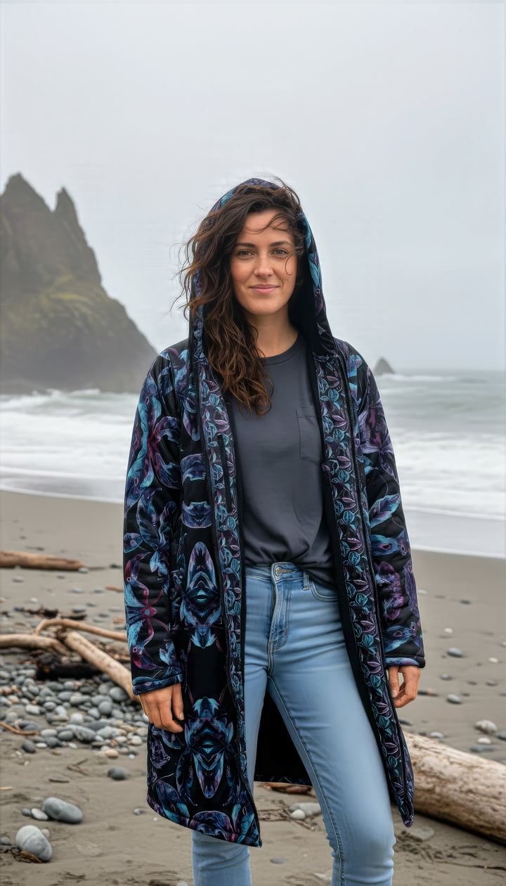 Dark Tropics Cuddle Coat | Unisex Minky Sherpa Lined Coat with Hood, Zipper and Pockets | Women and Mens Festival Coat | Mountain Fashion