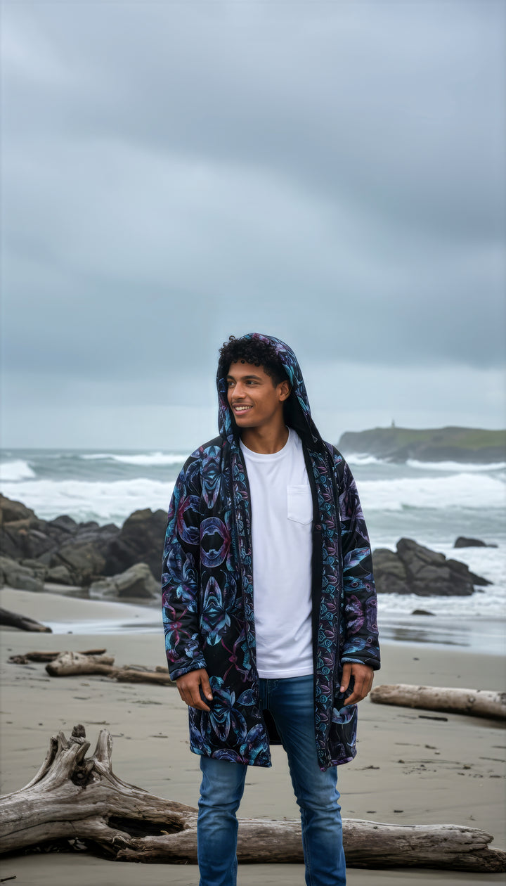 Dark Tropics Cuddle Coat | Unisex Minky Sherpa Lined Coat with Hood, Zipper and Pockets | Women and Mens Festival Coat | Mountain Fashion