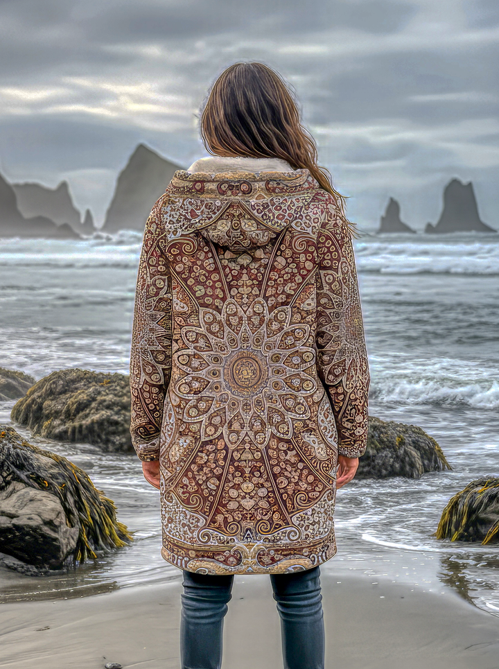 Classic Red Persian Carpet Cuddle Coat | Unisex Minky Sherpa Lined Coat with Hood, Zipper and Pockets | Women and Mens Festival Coat | Mountain Fashion