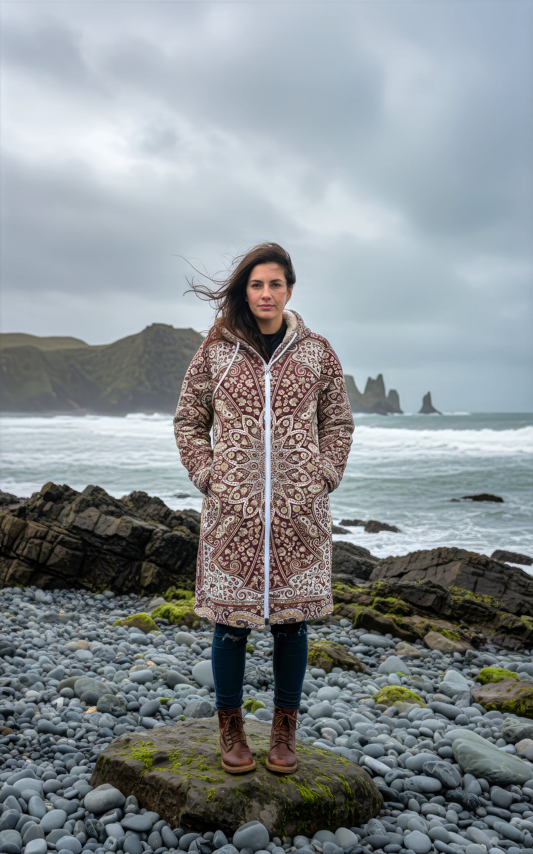 Classic Red Persian Carpet Cuddle Coat | Unisex Minky Sherpa Lined Coat with Hood, Zipper and Pockets | Women and Mens Festival Coat | Mountain Fashion