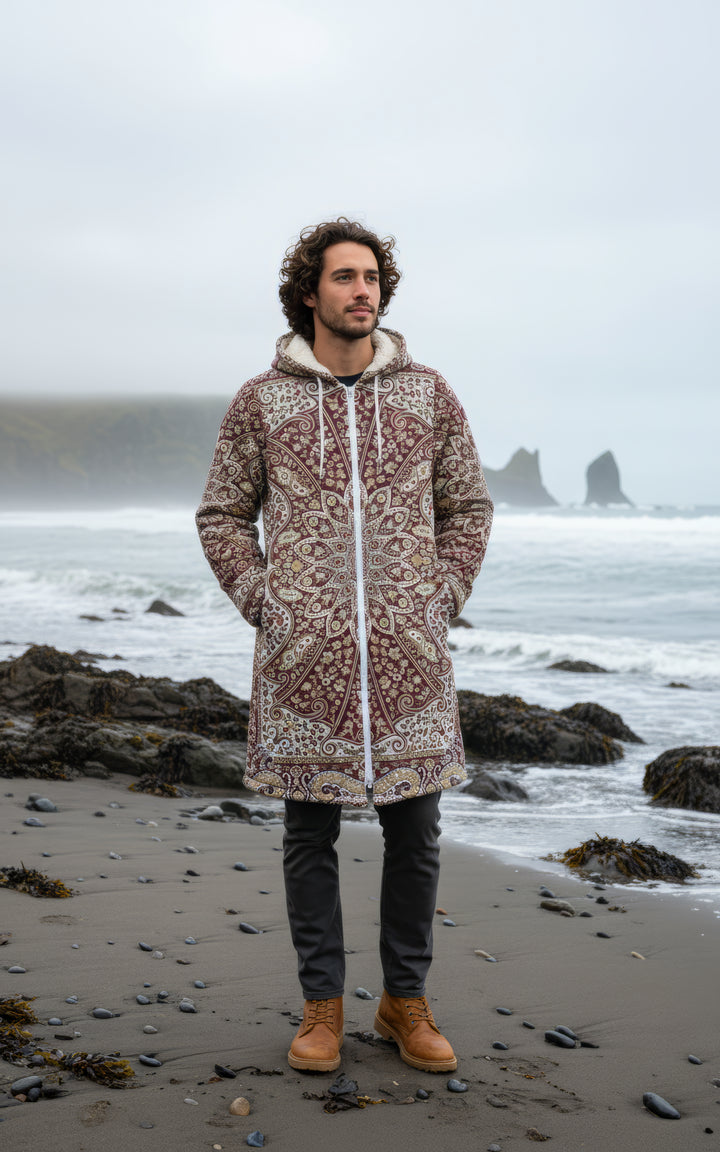 Classic Red Persian Carpet Cuddle Coat | Unisex Minky Sherpa Lined Coat with Hood, Zipper and Pockets | Women and Mens Festival Coat | Mountain Fashion