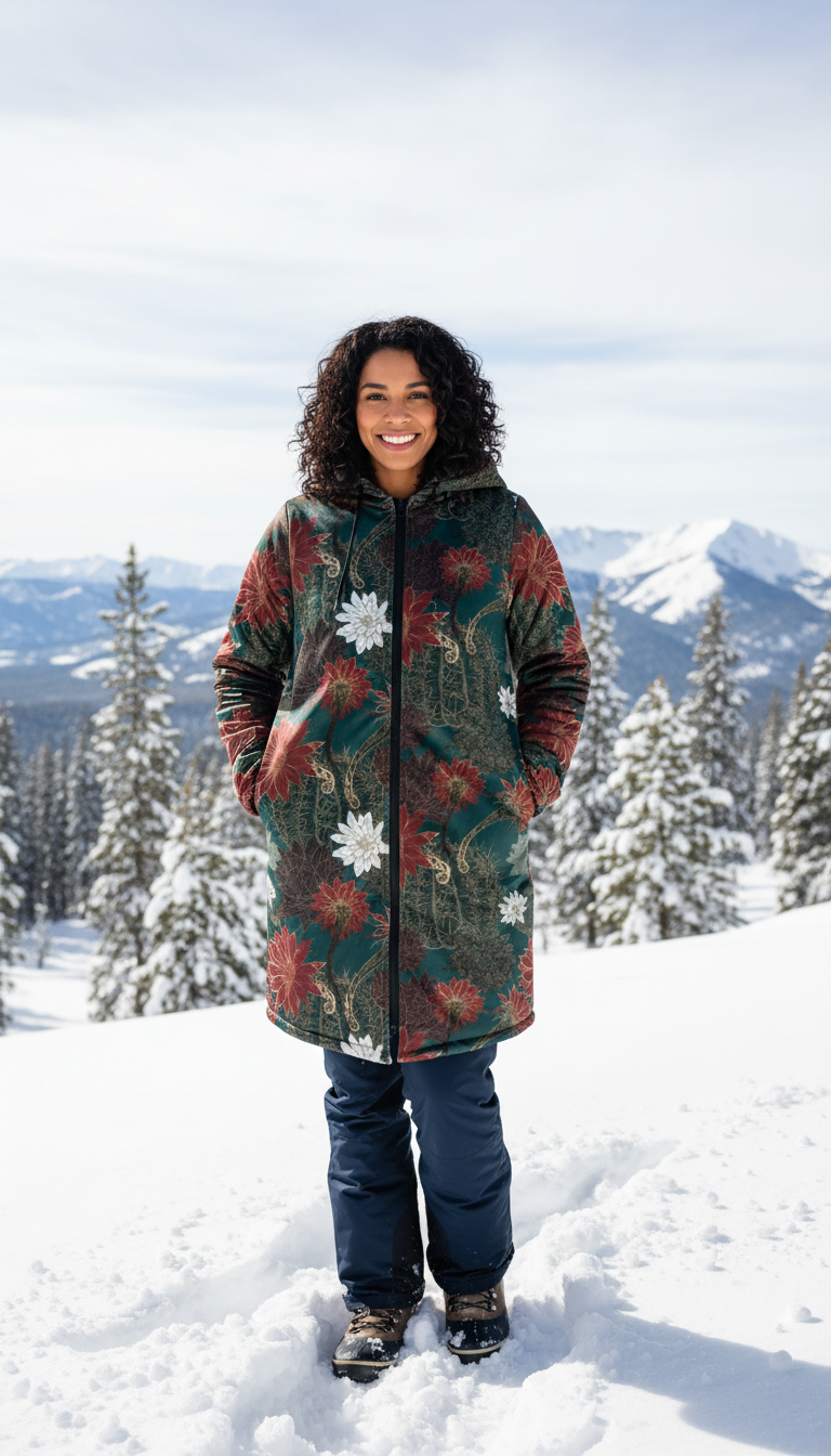 Desert Flowers Carpet Cuddle Coat | Green Red | Unisex Minky Sherpa Lined Coat with Hood, Zipper and Pockets | Women and Mens Festival Coat | Mountain Fashion