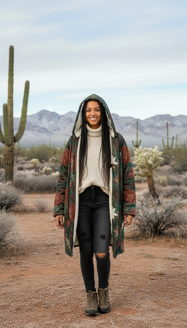 Desert Flowers Carpet Cuddle Coat | Green Red | Unisex Minky Sherpa Lined Coat with Hood, Zipper and Pockets | Women and Mens Festival Coat | Mountain Fashion