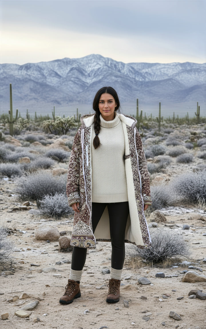 Classic Red Persian Carpet Cuddle Coat | Unisex Minky Sherpa Lined Coat with Hood, Zipper and Pockets | Women and Mens Festival Coat | Mountain Fashion