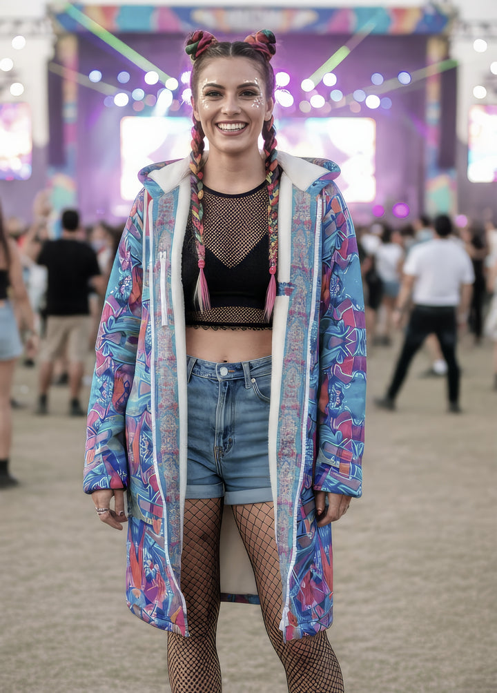 Electric Totem Cuddle Coat | Unisex Minky Sherpa Lined Coat with Hood, Zipper and Pockets | Women and Mens Festival Coat | Mountain Fashion