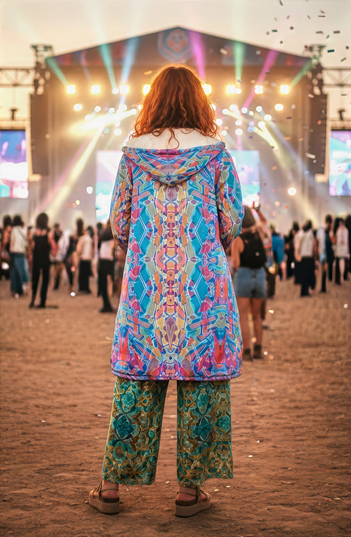 Electric Totem Cuddle Coat | Unisex Minky Sherpa Lined Coat with Hood, Zipper and Pockets | Women and Mens Festival Coat | Mountain Fashion