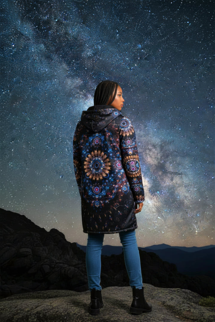 Cosmic Plane Cuddle Coat | Unisex Minky Sherpa Lined Coat with Hood, Zipper and Pockets | Women and Mens Festival Coat | Mountain Fashion