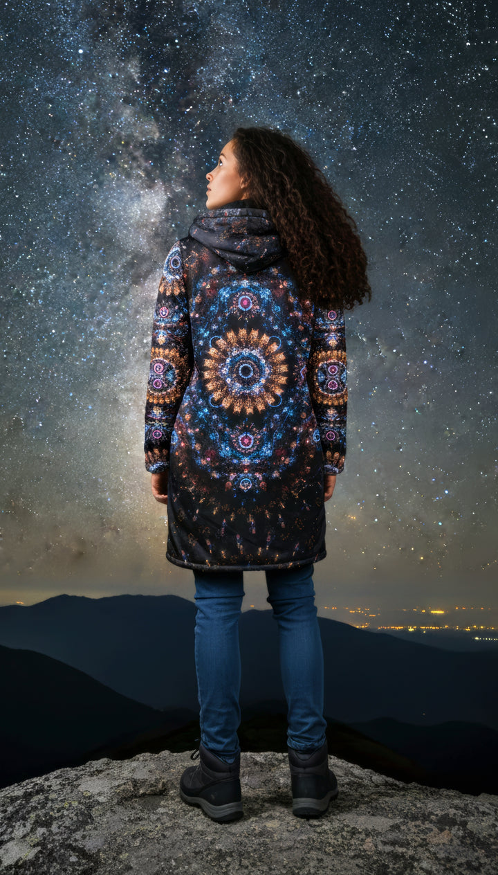 Cosmic Plane Cuddle Coat | Unisex Minky Sherpa Lined Coat with Hood, Zipper and Pockets | Women and Mens Festival Coat | Mountain Fashion