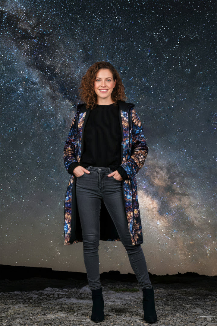 Cosmic Plane Cuddle Coat | Unisex Minky Sherpa Lined Coat with Hood, Zipper and Pockets | Women and Mens Festival Coat | Mountain Fashion