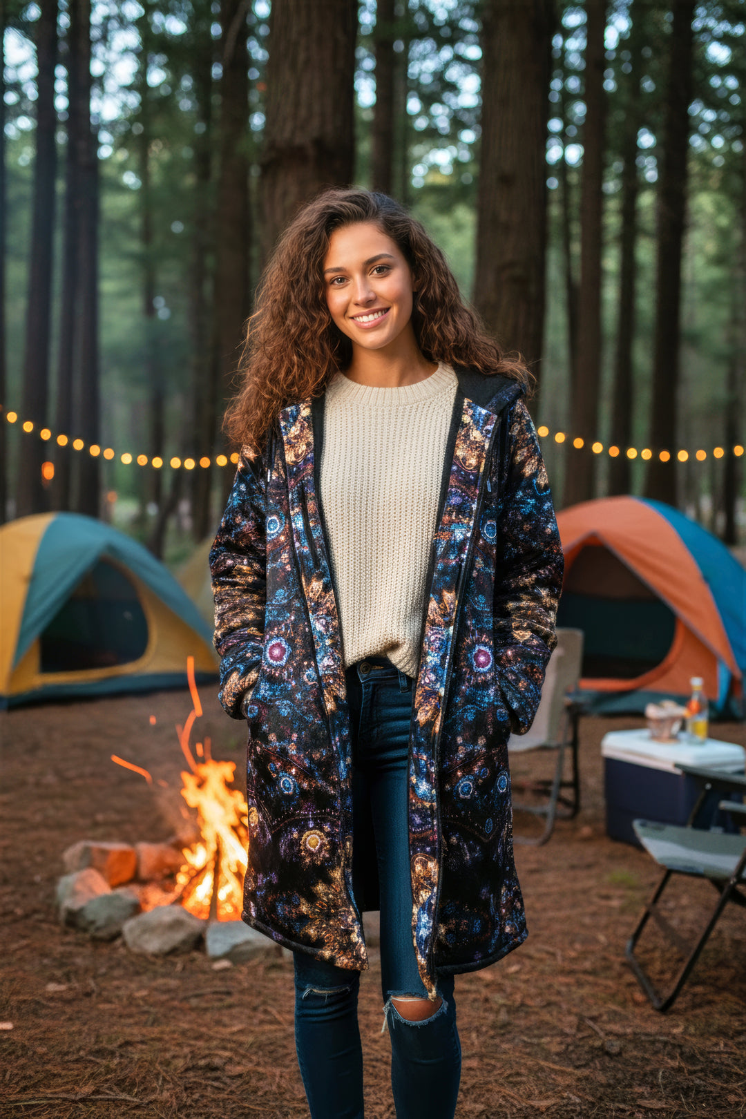 Cosmic Plane Cuddle Coat | Unisex Minky Sherpa Lined Coat with Hood, Zipper and Pockets | Women and Mens Festival Coat | Mountain Fashion