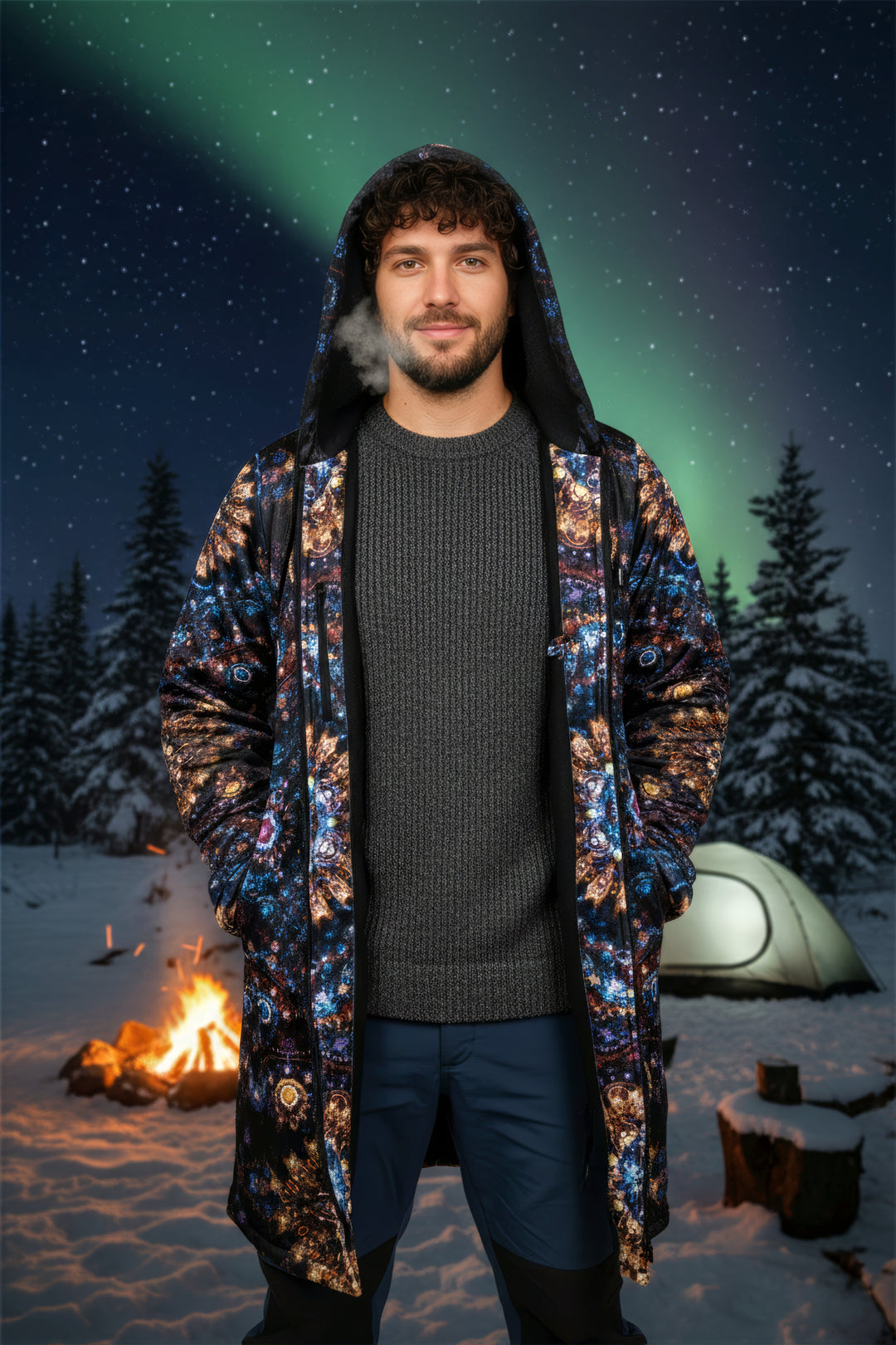 Cosmic Plane Cuddle Coat | Unisex Minky Sherpa Lined Coat with Hood, Zipper and Pockets | Women and Mens Festival Coat | Mountain Fashion