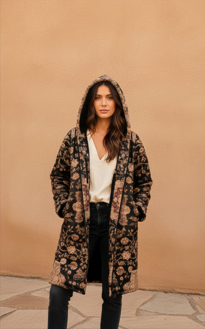 Black and Brown Persian Carpet Cuddle Coat | Unisex Minky Sherpa Lined Coat with Hood, Zipper and Pockets | Women and Mens Festival Coat | Mountain Fashion