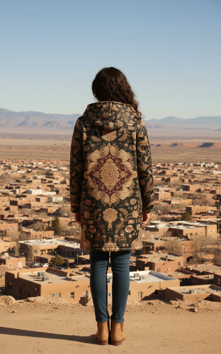 Black and Brown Persian Carpet Cuddle Coat | Unisex Minky Sherpa Lined Coat with Hood, Zipper and Pockets | Women and Mens Festival Coat | Mountain Fashion