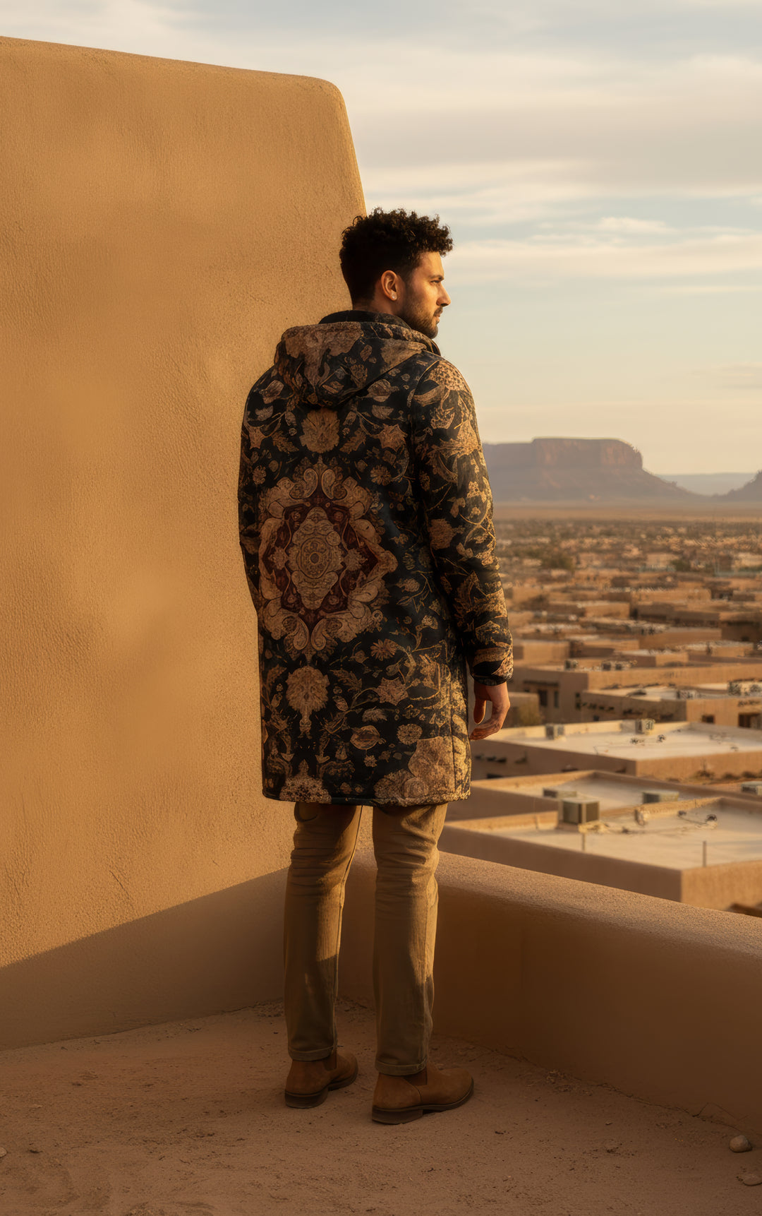 Black and Brown Persian Carpet Cuddle Coat | Unisex Minky Sherpa Lined Coat with Hood, Zipper and Pockets | Women and Mens Festival Coat | Mountain Fashion