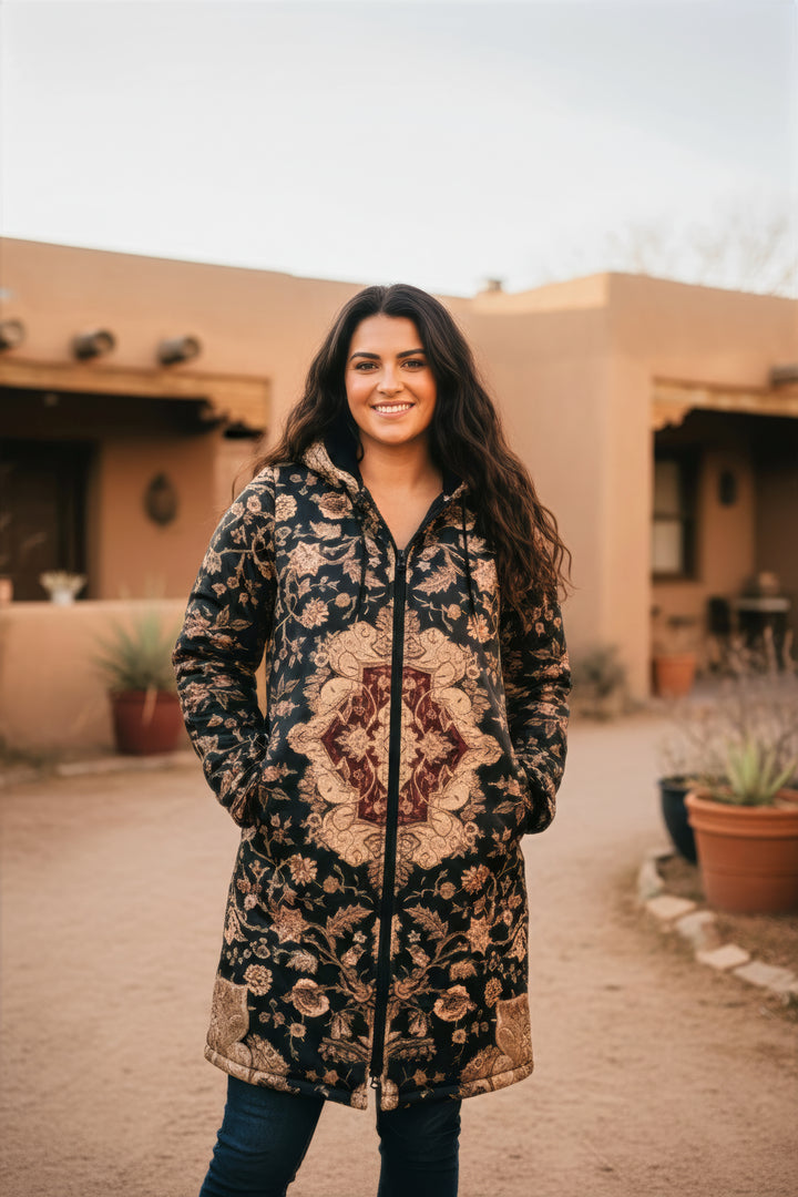 Black and Brown Persian Carpet Cuddle Coat | Unisex Minky Sherpa Lined Coat with Hood, Zipper and Pockets | Women and Mens Festival Coat | Mountain Fashion