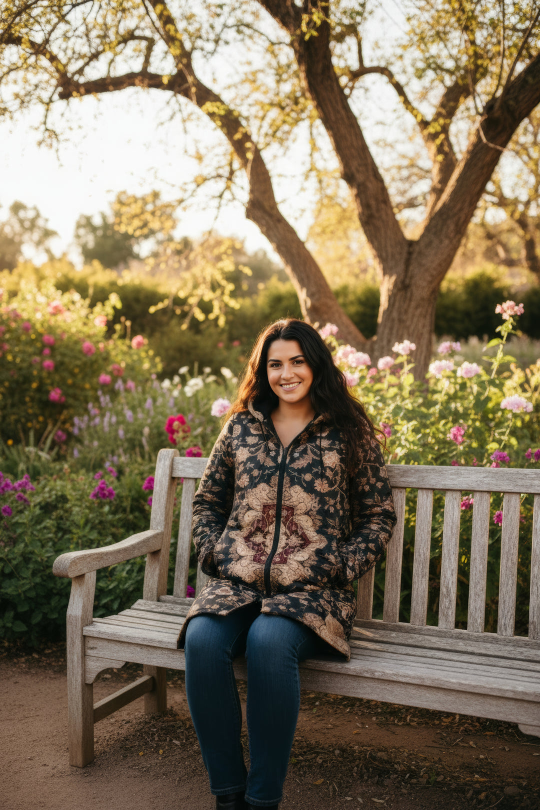 Black and Brown Persian Carpet Cuddle Coat | Unisex Minky Sherpa Lined Coat with Hood, Zipper and Pockets | Women and Mens Festival Coat | Mountain Fashion