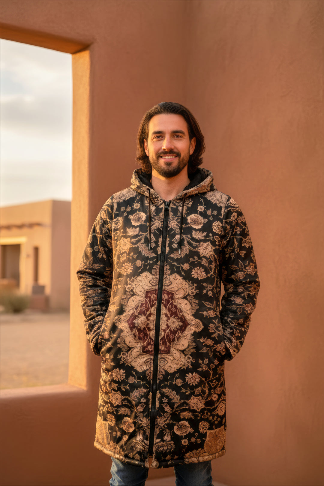 Black and Brown Persian Carpet Cuddle Coat | Unisex Minky Sherpa Lined Coat with Hood, Zipper and Pockets | Women and Mens Festival Coat | Mountain Fashion