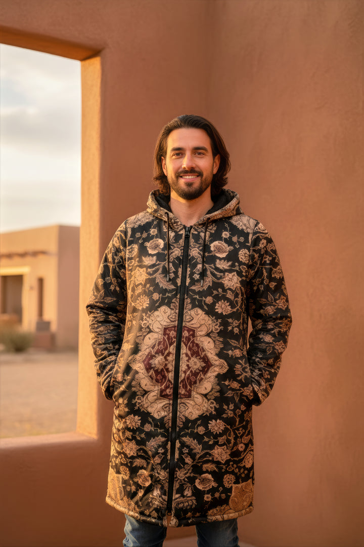 Black and Brown Persian Carpet Cuddle Coat | Unisex Minky Sherpa Lined Coat with Hood, Zipper and Pockets | Women and Mens Festival Coat | Mountain Fashion