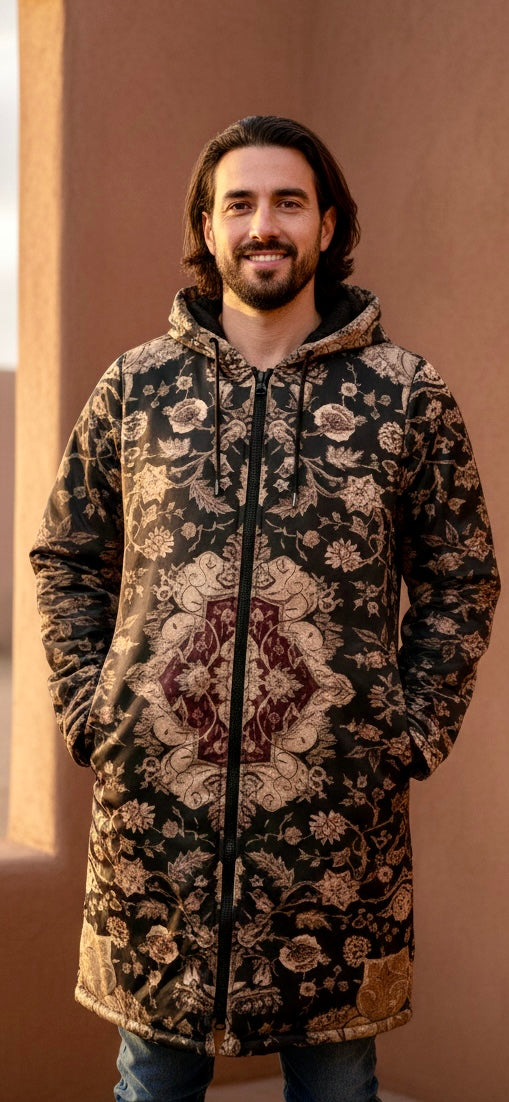 READY TO SHIP: Black and Brown Persian Carpet Cuddle Coat | Unisex Minky Sherpa Lined Coat with Hood, Zipper and Pockets | Women and Mens Festival Coat | Mountain Fashion