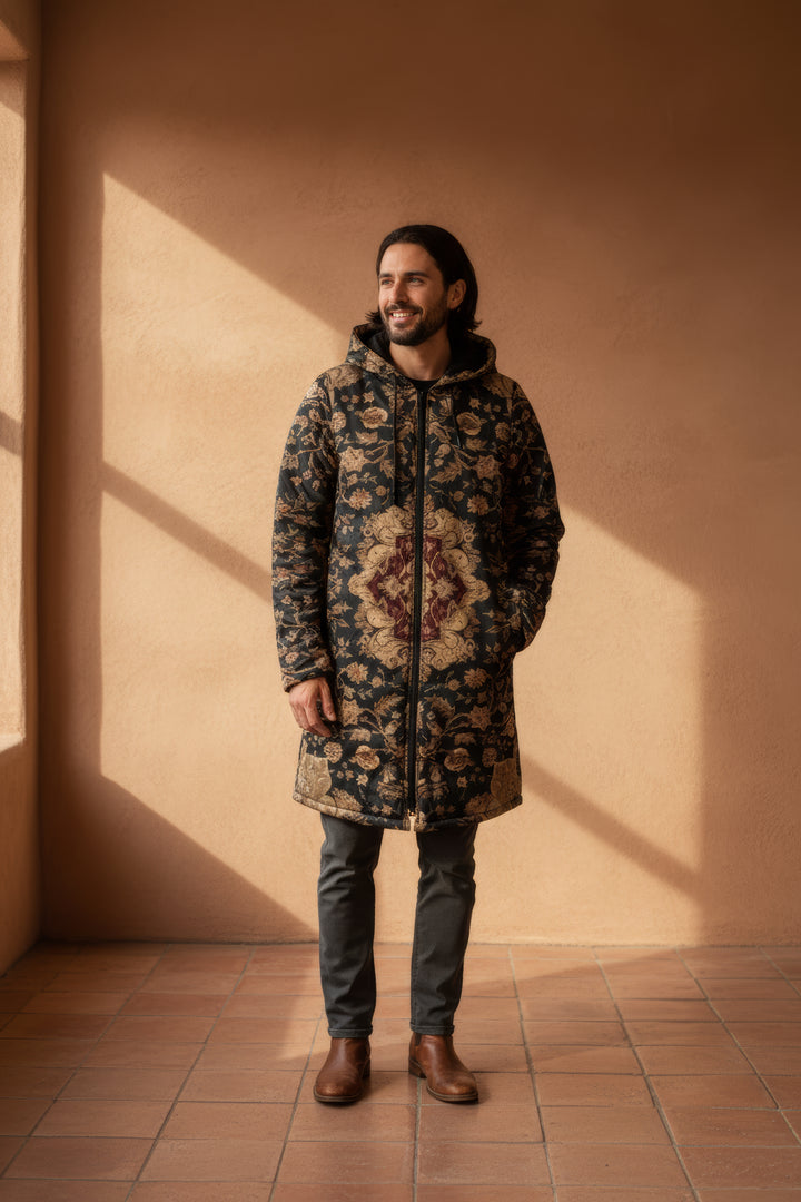 Black and Brown Persian Carpet Cuddle Coat | Unisex Minky Sherpa Lined Coat with Hood, Zipper and Pockets | Women and Mens Festival Coat | Mountain Fashion