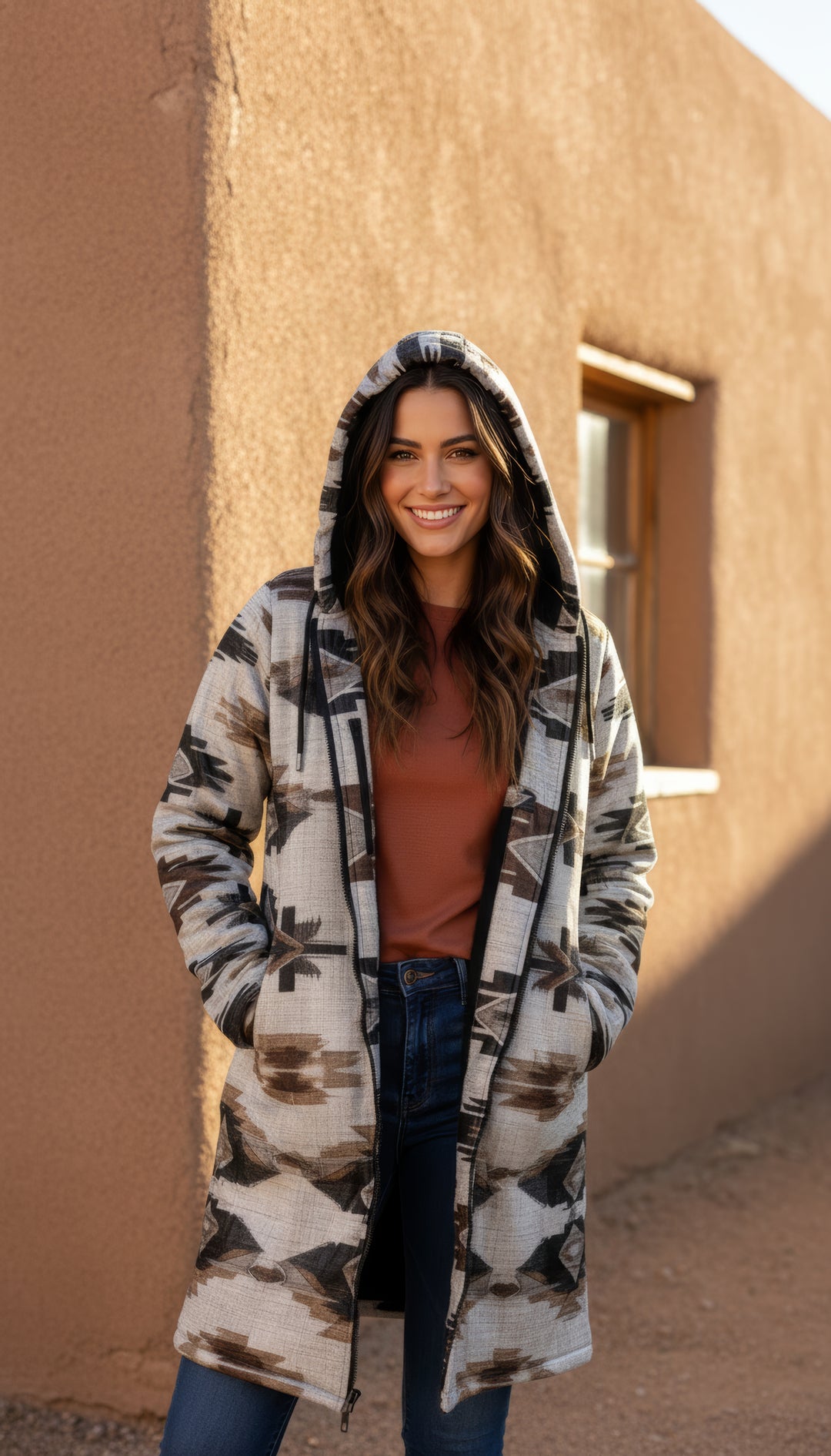 Ganado Tribal Cuddle Coat | Unisex Minky Sherpa Lined Coat with Hood, Zipper and Pockets | Women and Mens Festival Coat | Mountain Fashion