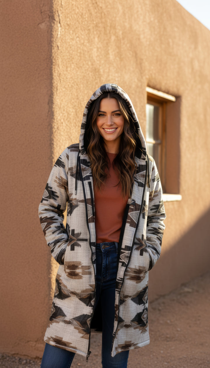 Ganado Tribal Cuddle Coat | Unisex Minky Sherpa Lined Coat with Hood, Zipper and Pockets | Women and Mens Festival Coat | Mountain Fashion