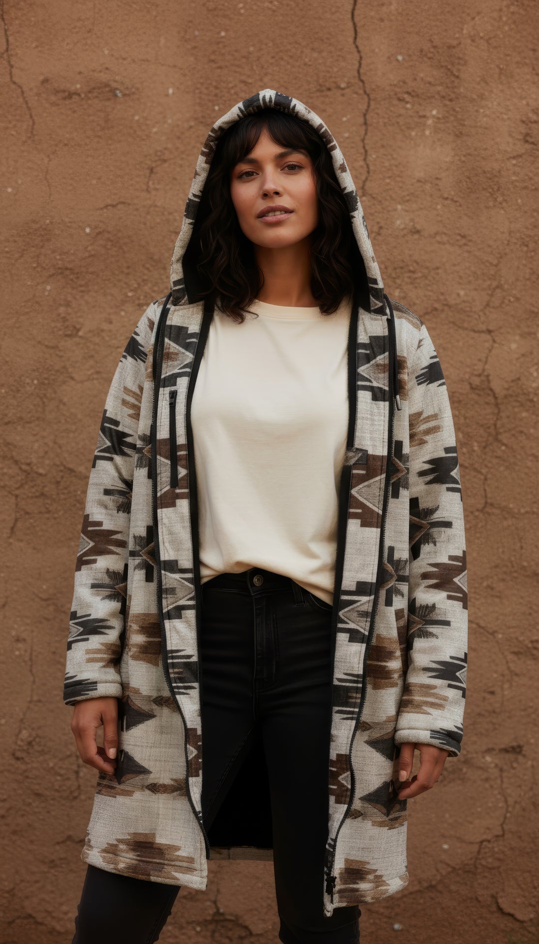 Ganado Tribal Cuddle Coat | Unisex Minky Sherpa Lined Coat with Hood, Zipper and Pockets | Women and Mens Festival Coat | Mountain Fashion