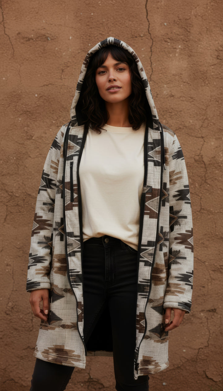 Ganado Tribal Cuddle Coat | Unisex Minky Sherpa Lined Coat with Hood, Zipper and Pockets | Women and Mens Festival Coat | Mountain Fashion