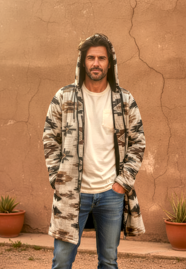 Ganado Tribal Cuddle Coat | Unisex Minky Sherpa Lined Coat with Hood, Zipper and Pockets | Women and Mens Festival Coat | Mountain Fashion