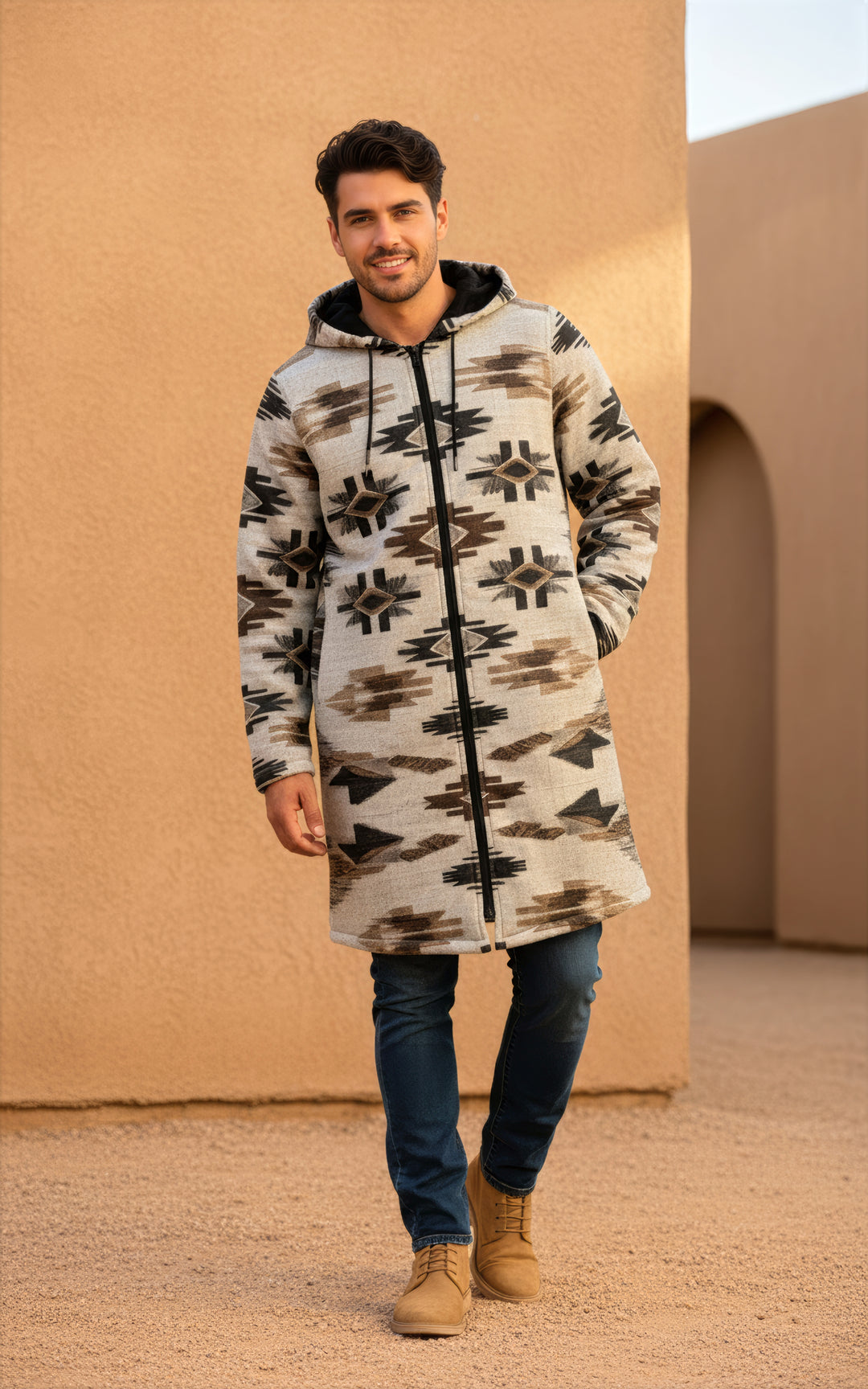 Ganado Tribal Cuddle Coat | Unisex Minky Sherpa Lined Coat with Hood, Zipper and Pockets | Women and Mens Festival Coat | Mountain Fashion