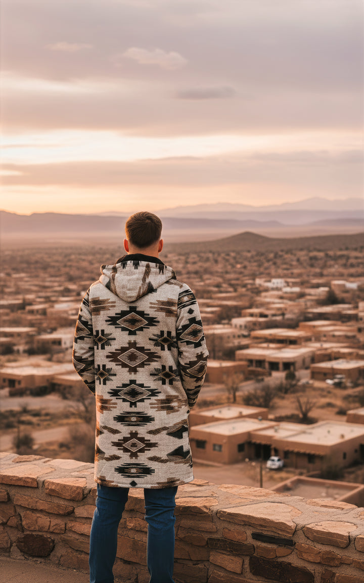 Ganado Tribal Cuddle Coat | Unisex Minky Sherpa Lined Coat with Hood, Zipper and Pockets | Women and Mens Festival Coat | Mountain Fashion