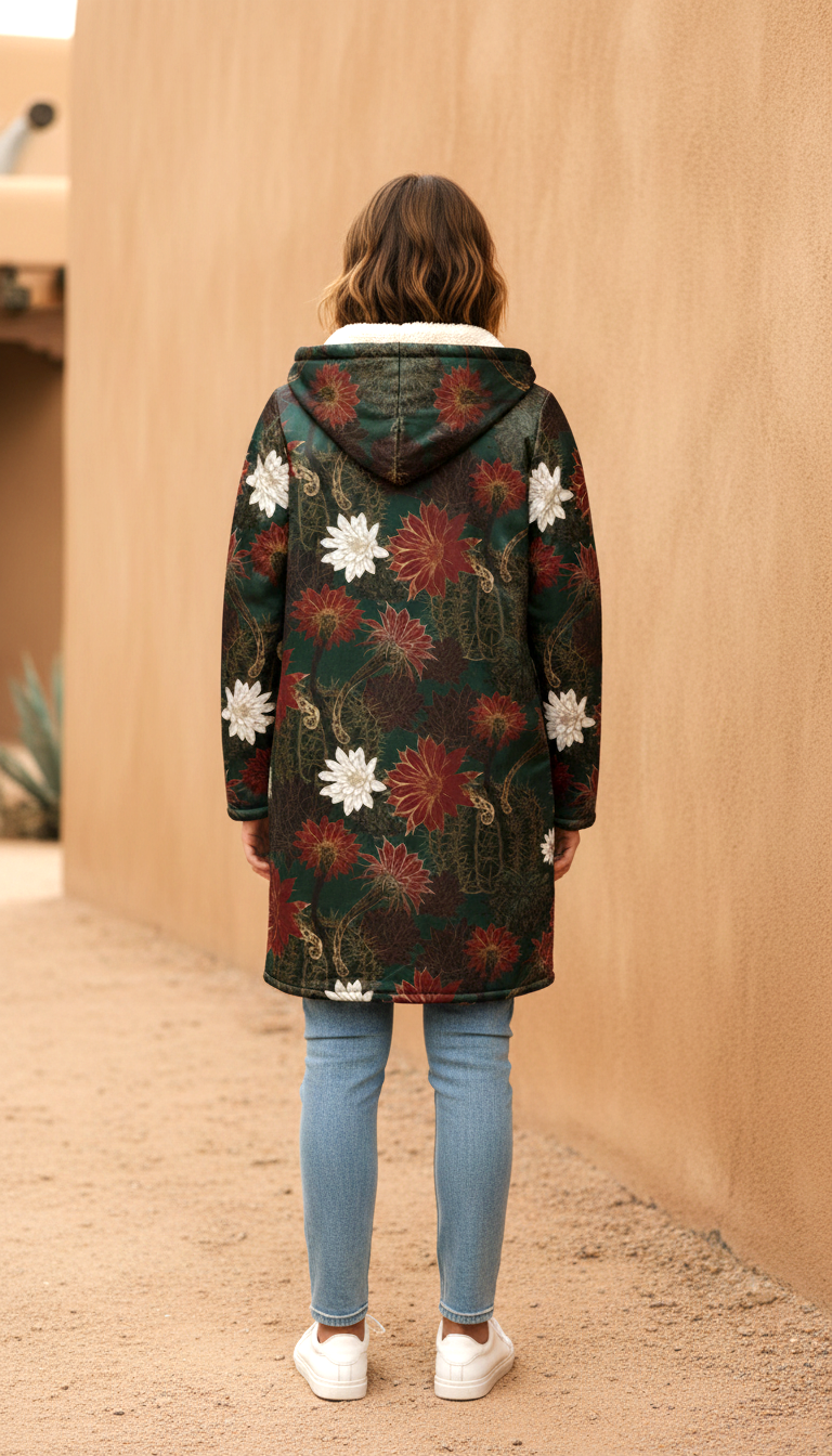 Desert Flowers Carpet Cuddle Coat | Green Red | Unisex Minky Sherpa Lined Coat with Hood, Zipper and Pockets | Women and Mens Festival Coat | Mountain Fashion