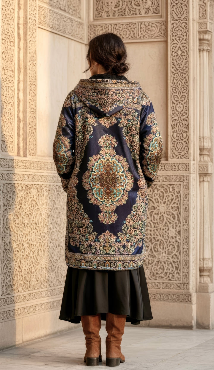 Classic Persian Cuddle Coat | Qom, Blue and Gold | Unisex Minky Sherpa Lined Coat with Hood, Zipper and Pockets | Women and Mens Festival Coat | Mountain Fashion