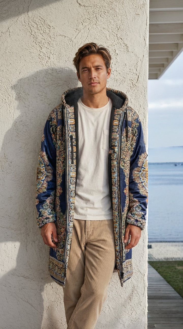 Classic Persian Cuddle Coat | Qom, Blue and Gold | Unisex Minky Sherpa Lined Coat with Hood, Zipper and Pockets | Women and Mens Festival Coat | Mountain Fashion