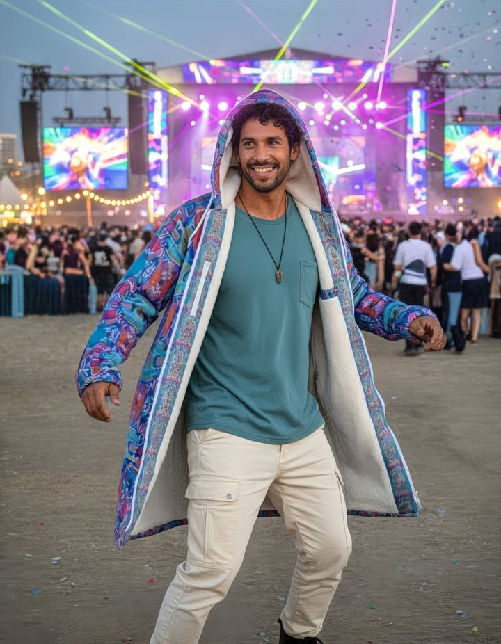 Electric Totem Cuddle Coat | Unisex Minky Sherpa Lined Coat with Hood, Zipper and Pockets | Women and Mens Festival Coat | Mountain Fashion