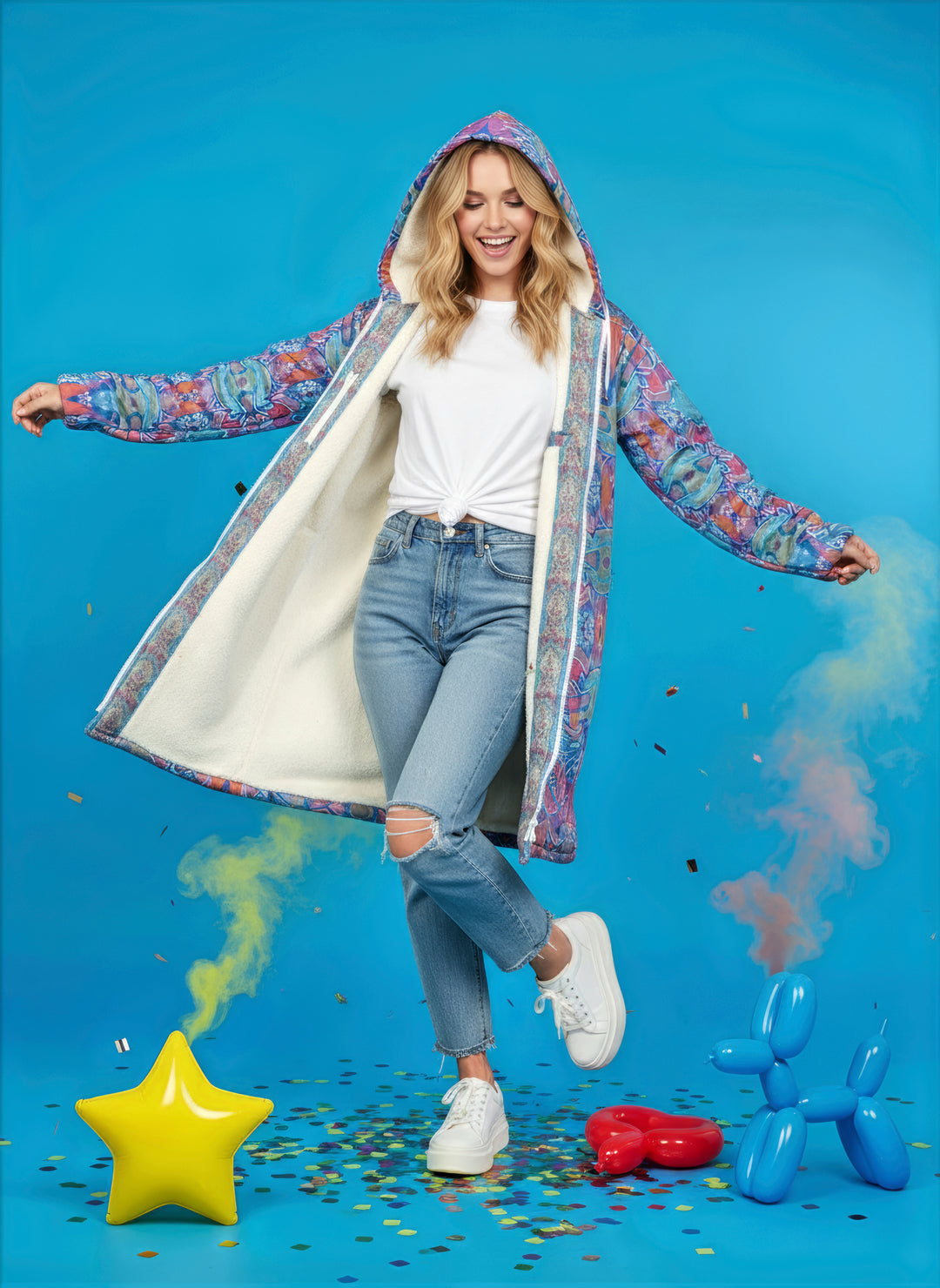 Electric Totem Cuddle Coat | Unisex Minky Sherpa Lined Coat with Hood, Zipper and Pockets | Women and Mens Festival Coat | Mountain Fashion