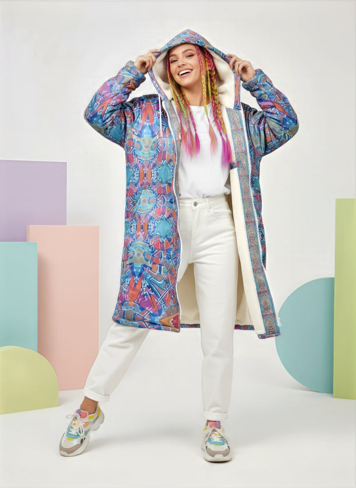 Electric Totem Cuddle Coat | Unisex Minky Sherpa Lined Coat with Hood, Zipper and Pockets | Women and Mens Festival Coat | Mountain Fashion
