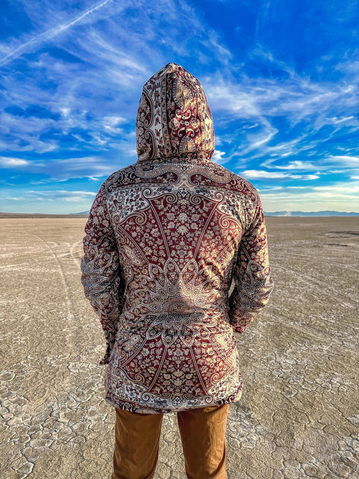 Classic Red Persian Carpet Cuddle Cloak | Unisex Minky Sherpa Lined Hooded Coat | Women and Mens Festival Coat | Mountain Fashion