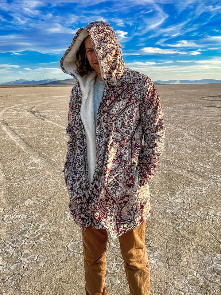 Classic Red Persian Carpet Cuddle Cloak | Unisex Minky Sherpa Lined Hooded Coat | Women and Mens Festival Coat | Mountain Fashion