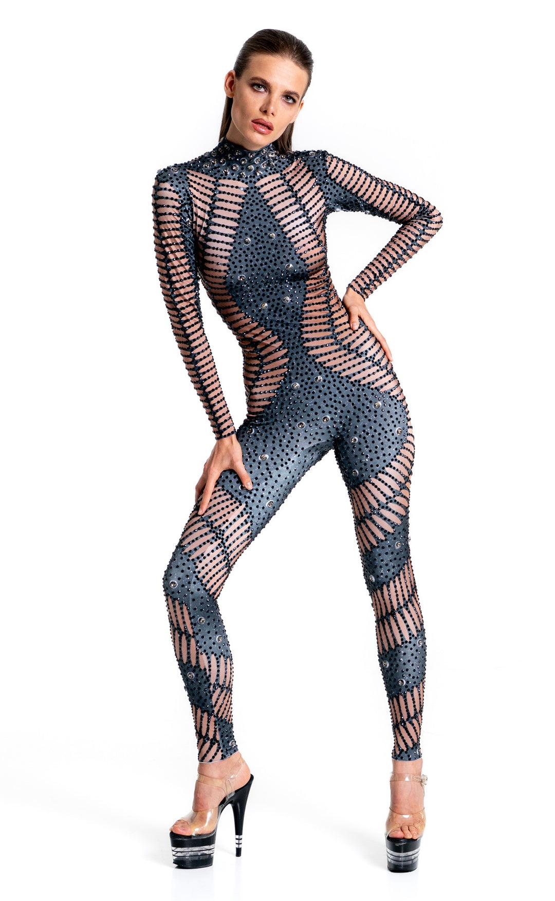 Kira Rhinestone Jumpsuit in black diamond crystals – Manifestie