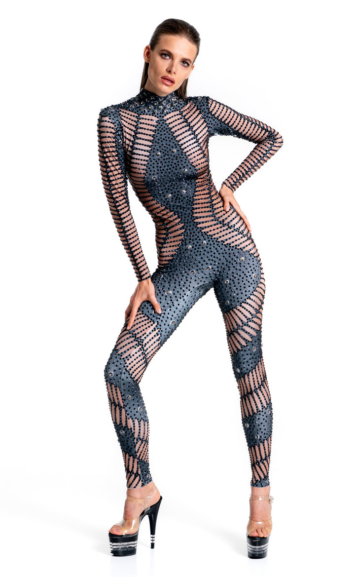 Kira Rhinestone Jumpsuit in black diamond crystals – Manifestie