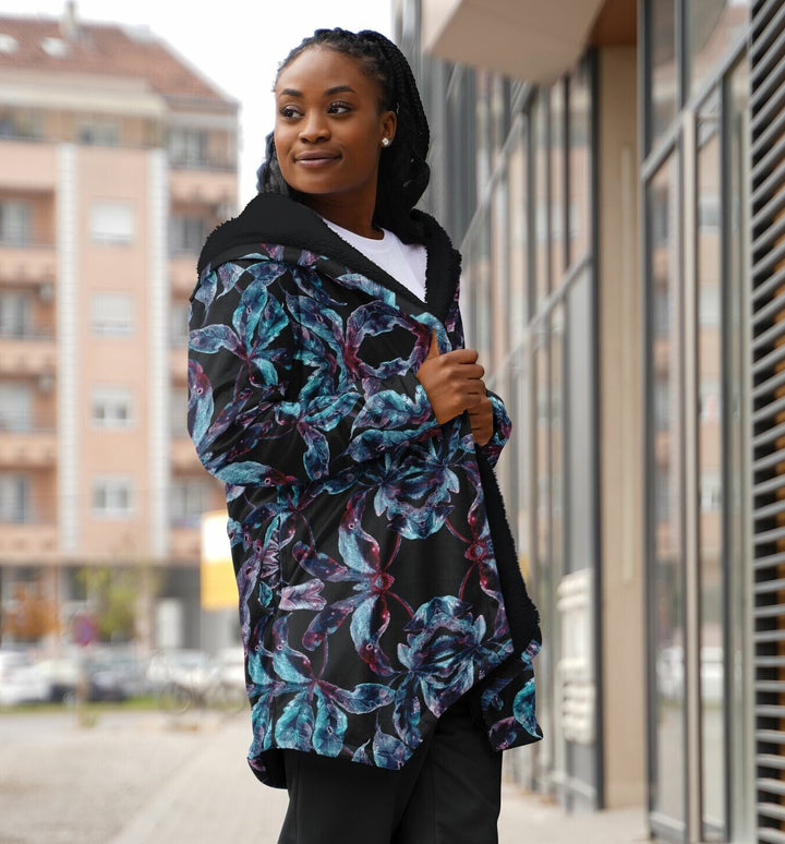 Dark Tropics Cuddle Cloak | Unisex Minky Sherpa Lined Hooded Coat | Women and Mens Festival Coat | Mountain Fashion