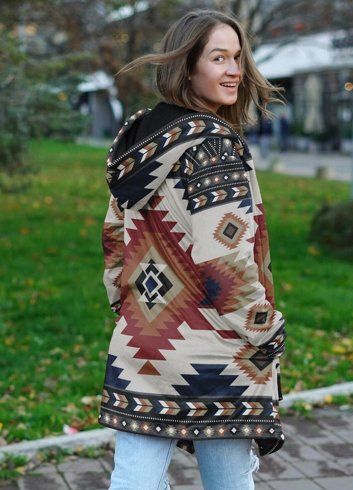 Izel Aztec Tribal Cloak | Unisex Minky Sherpa Lined Hooded Coat | Women and Mens Festival Coat | Mountain Fashion